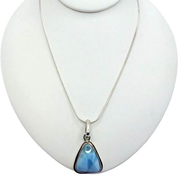 Larimar Triangle Pendant Necklace 24" 925 Sterling Silver Blue Crystal Stone - Picture 1 of 15